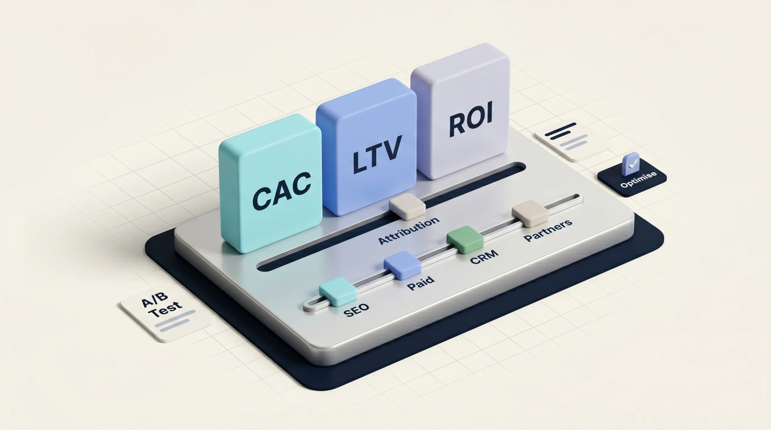 Optimisation workbench with CAC, LTV, ROI, attribution, and budget allocation controls.