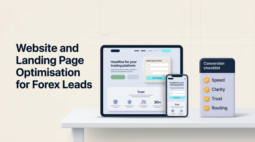 3D forex landing page prototype with lead form, trust signals, mobile view, and conversion checklist.