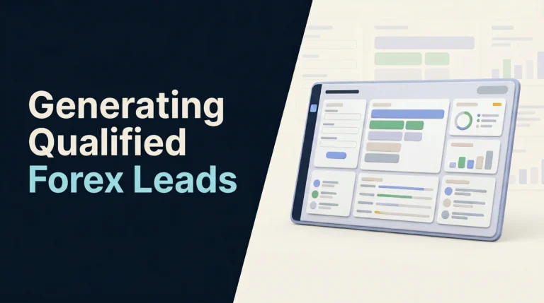 3D forex lead qualification dashboard beside the headline Generating Qualified Forex Leads.