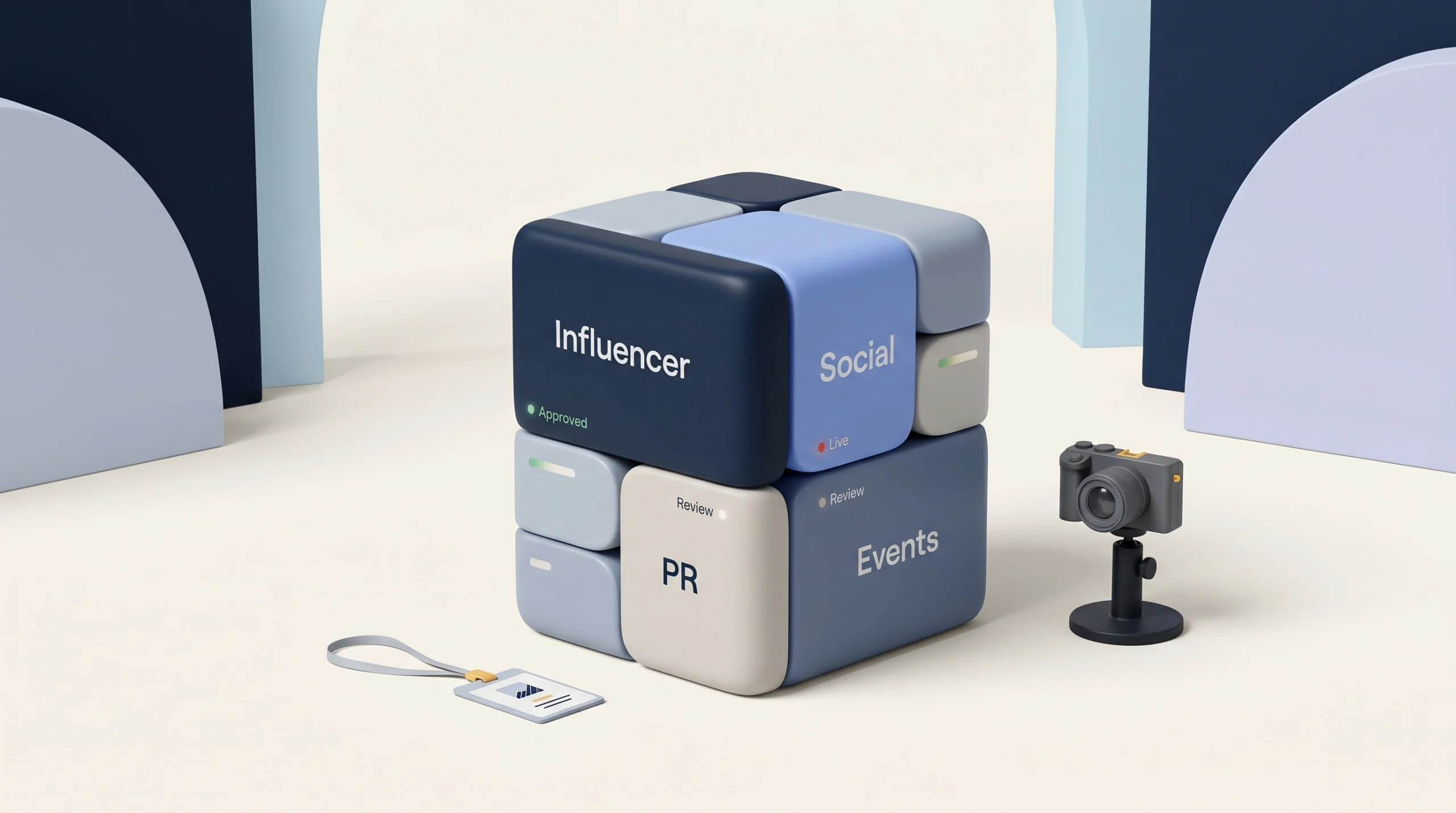 Modular communications podium representing influencer, social media, PR, and events.