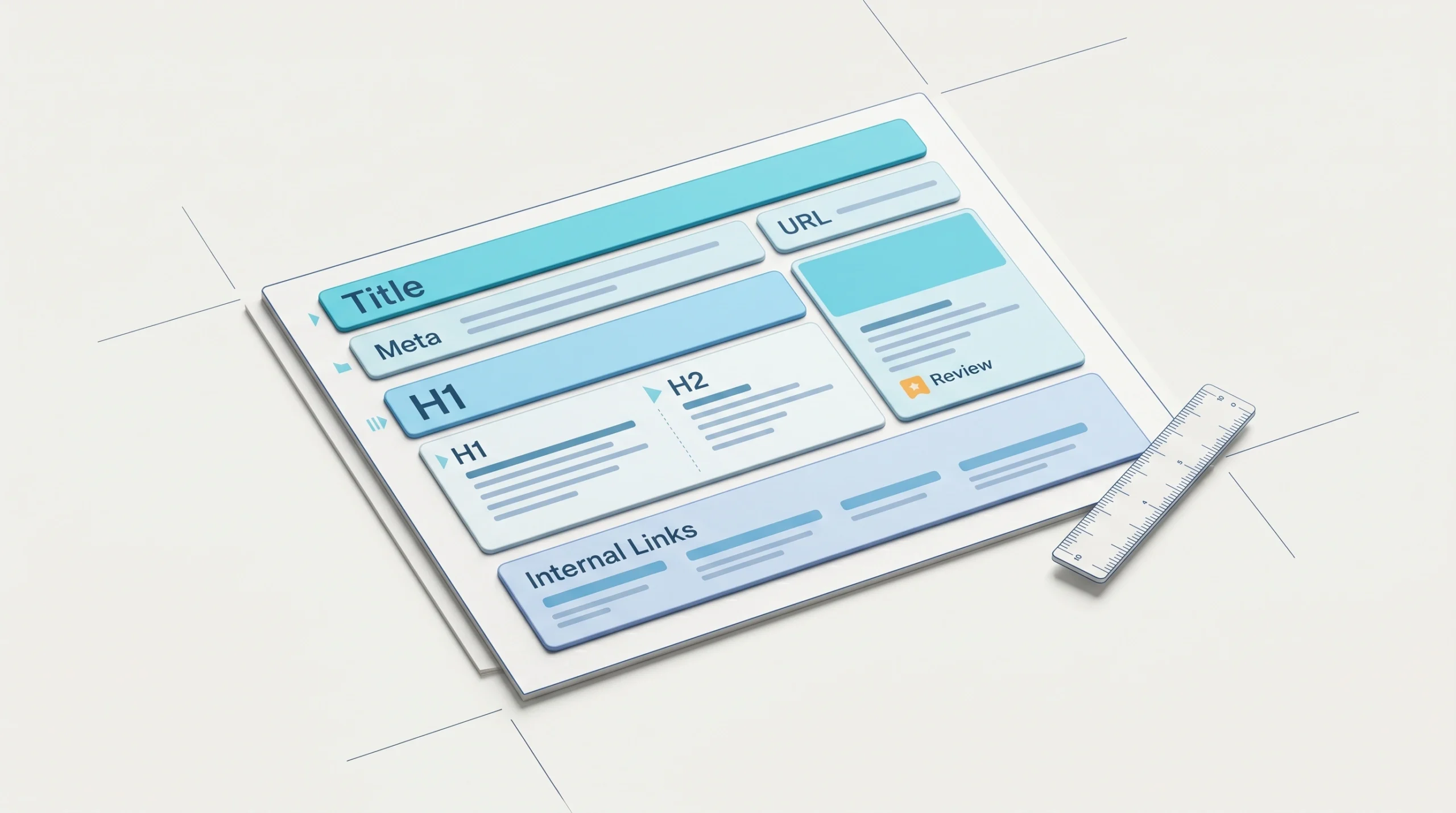 A structured webpage blueprint highlights title, meta, headings, URLs, and internal links.