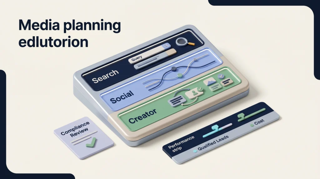 3D media planning console for paid search, social campaigns, creator partnerships, and compliance review.