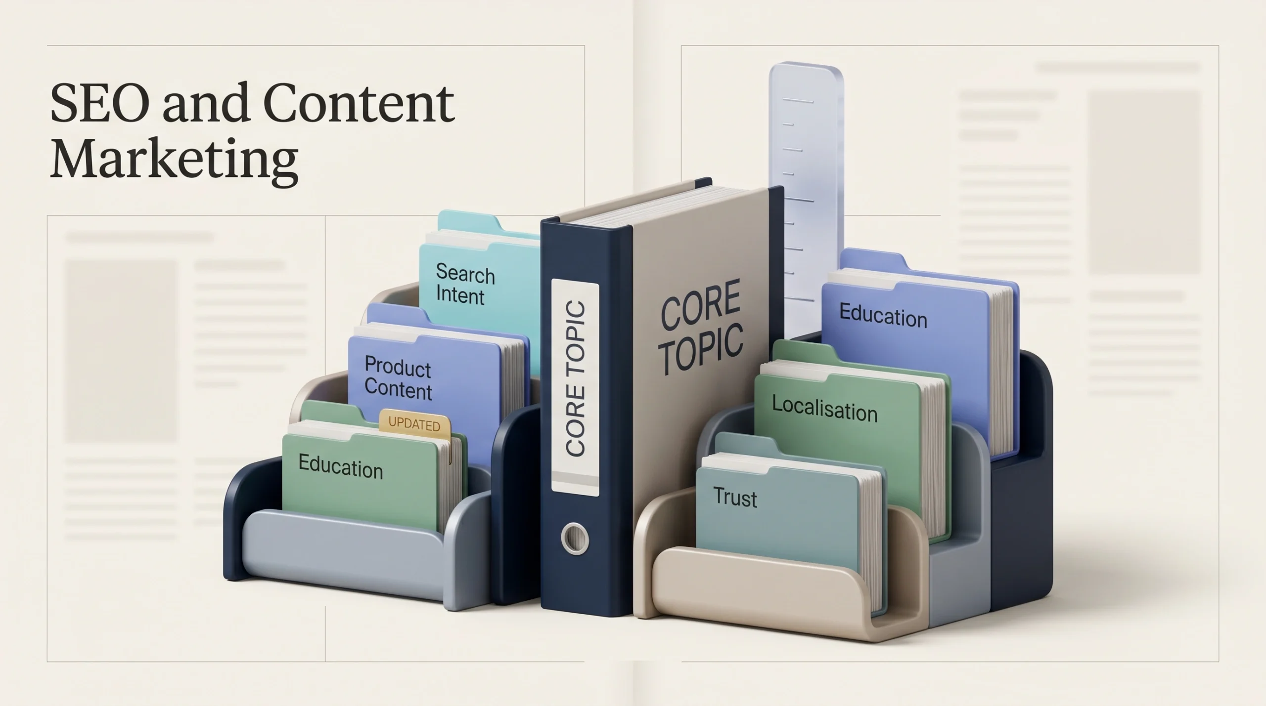 Structured content library showing search intent, localisation, authority, and editorial trust.