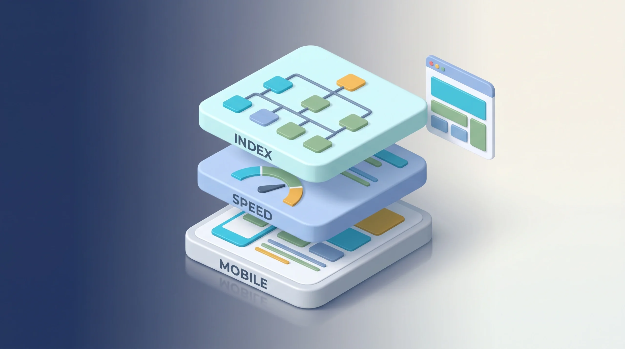 Layered website model represents mobile usability, speed, crawlability, and indexation.